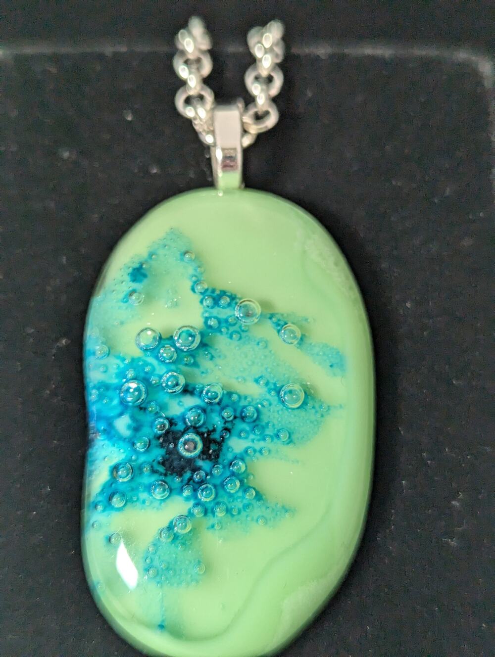 Dichroic glass Large  pendant  SP bail and 24" chain green and green bubbles